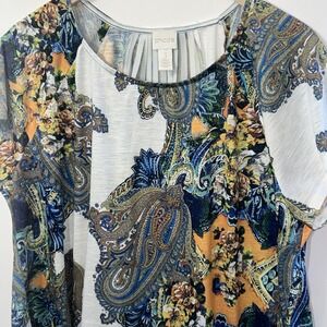 Chicos Paisley Pause Pleated-Back Tee Sz XL 16 (3) Rhinestone Detail EC
